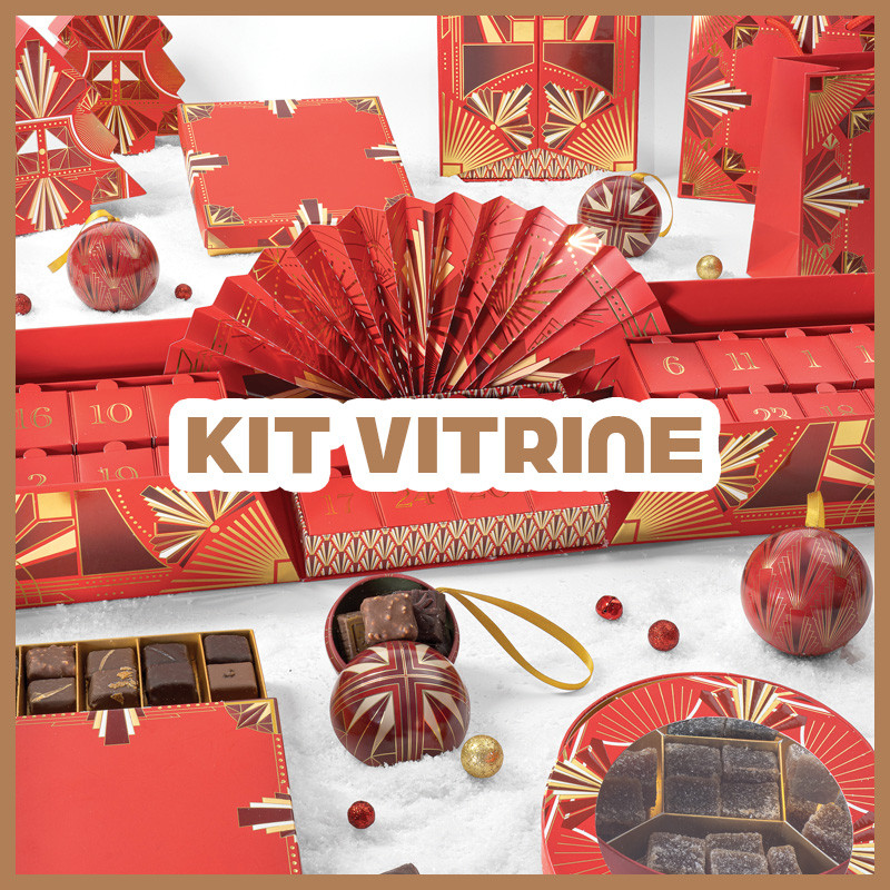 "Holly" - Le Kit Vitrine : Kit vitrine "Holly", assortiment festif rouge et or pour une vitrine glamour, solution clé en main à petit prix pour un rendu impactant.