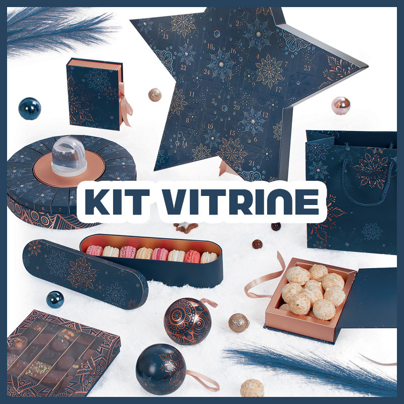 Joyau Royal - Le Kit Vitrine : Un kit précieux aux accents bleu nuit et or rosé, pour une vitrine chic et chaleureuse qui sublime vos chocolats et capte tous les regards en boutique.