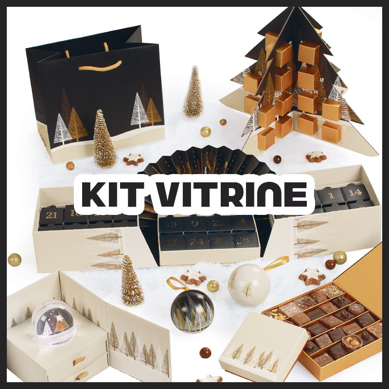 Épicéa - Le Kit Vitrine : Noir et ivoire, ambiance forêt élégante : ce kit crée une vitrine poétique et épurée, idéale pour accompagner vos chocolats tout l’hiver.