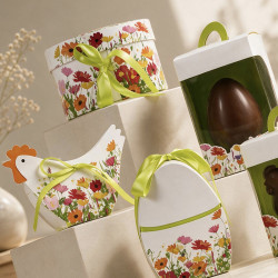 Œuf "Prairie" Photo numéro 5 : Œuf de la collection "Prairie" pour chocolats, intérieur imprimé apte au contact alimentaire, avec ruban de fermeture pour présentation élégante et raffinée.