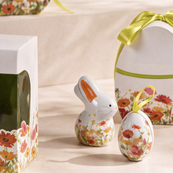 Œuf "Prairie" Photo numéro 3 : Œuf de la collection "Prairie" pour chocolats, intérieur imprimé apte au contact alimentaire, avec ruban de fermeture pour présentation élégante et raffinée.
