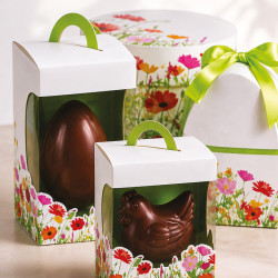 Œuf "Prairie" Photo numéro 4 : Œuf de la collection "Prairie" pour chocolats, intérieur imprimé apte au contact alimentaire, avec ruban de fermeture pour présentation élégante et raffinée.
