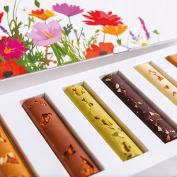 Anémone "Prairie" Photo numéro 3 : Packaging de la collection "Prairie" avec 6 espaces de rangement pour petits œufs, bonbons de chocolat, pâtes de fruits, pralines sphères ou barres de chocolat.