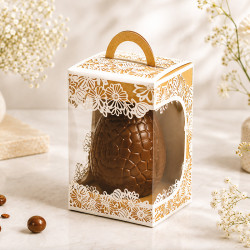 Panoramique Œuf "Florilège" Photo numéro 2 : Sac panoramique original de la collection Embaline "Florilège" (dentelle en papier), intérieur kraft apte au contact alimentaire pour œuf de Pâques 2027.