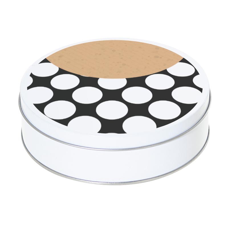 Boîte ronde métallique Caméléon H-02 - Abstraction, ronds blancs sur fond noir Boîte ronde métallique Caméléon H-02 - Abstraction, ronds blancs sur fond noir