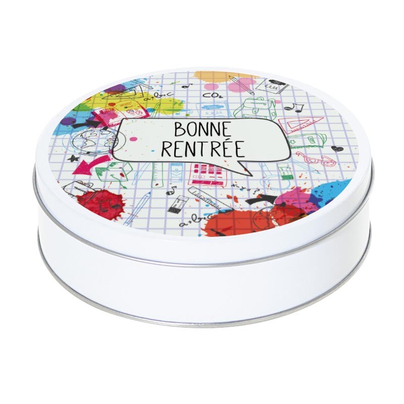 Boîte ronde métallique Caméléon I-04 - Motif Cahier - Bonne rentrée ! Boîte ronde métallique Caméléon I-04 - Motif Cahier - Bonne rentrée !