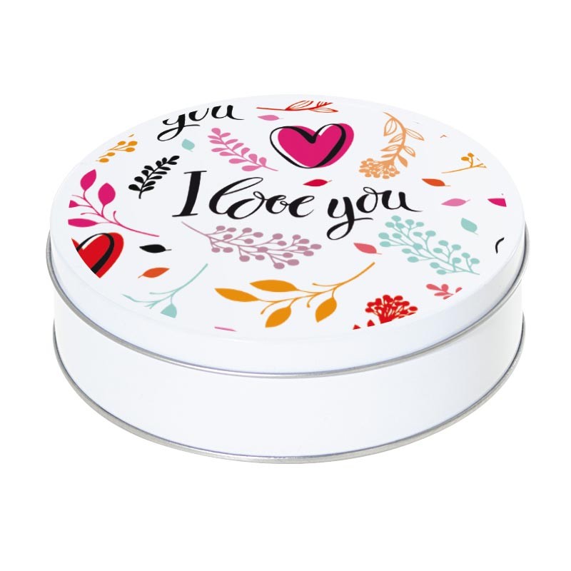 Boîte ronde métallique Caméléon I-28 - Motif fleuri "I love you" !