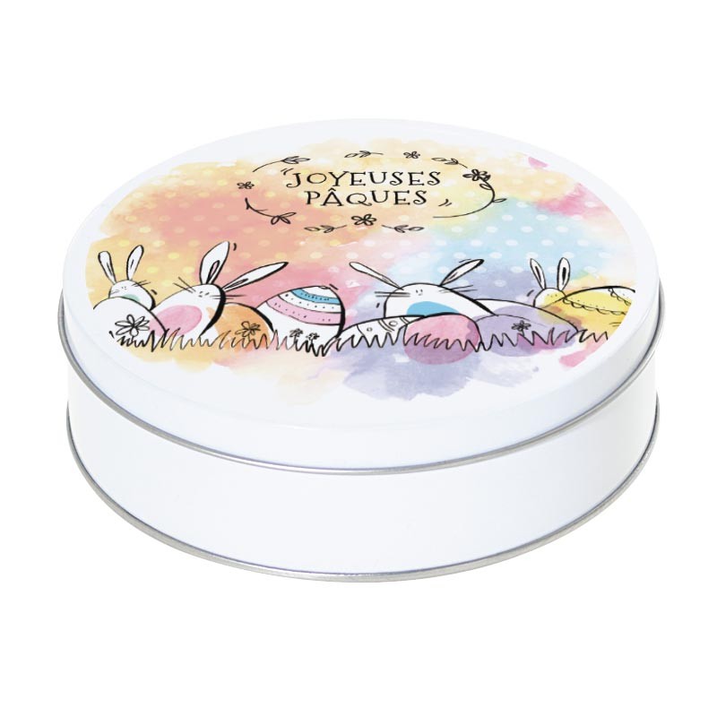Boîte ronde métallique Caméléon I-37 - Motif Lapins et œufs de Pâques