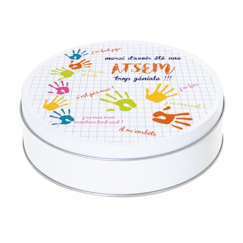 Boîte ronde métallique I-12 - Idéale pour offrir à la rentrée des classes - Version Blanche Boîte ronde métallique I-12 - Idéale pour offrir à la rentrée des classes - Version Blanche
