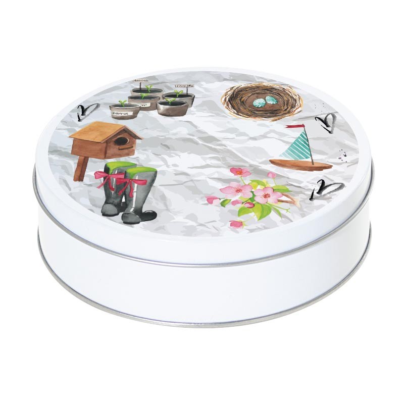 Boîte ronde métallique C-02 - Motif Les incontournables du printemps Boîte ronde métallique C-02 - Motif Les incontournables du printemps