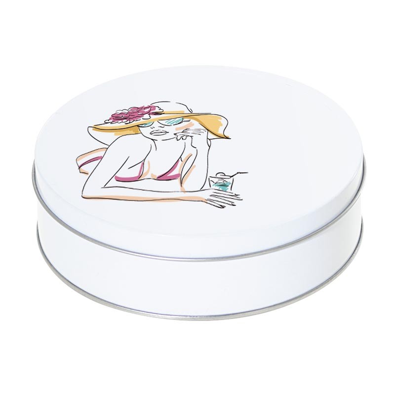 Boîte ronde métallique Caméléon D-07 - Motif Fashionista à la plage Boîte ronde métallique Caméléon D-07 - Motif Fashionista à la plage