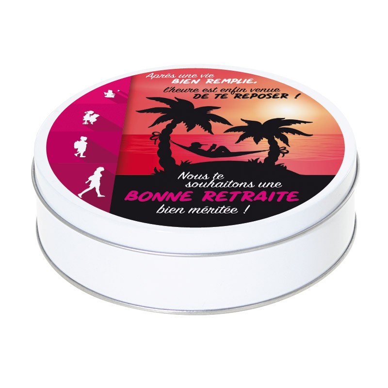 Boîte ronde métallique I-48 - Packaging pour cadeau de départ en retraite version féminine ! Boîte ronde métallique I-48 - Packaging pour cadeau de départ en retraite version féminine !