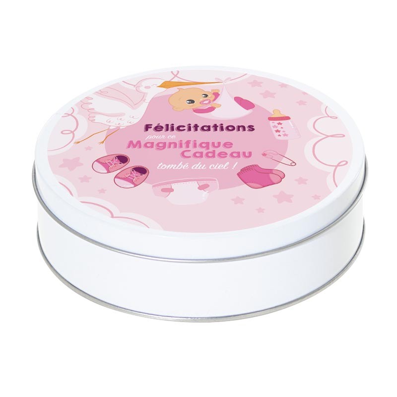 Boîte ronde métallique I-51 - Packaging à offrir pour une naissance ! Version Féminine Boîte ronde métallique I-51 - Packaging à offrir pour une naissance ! Version Féminine