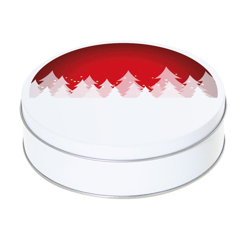 Boîte ronde métallique Caméléon G-09 - Motif sapins blancs, fond rouge Boîte ronde métallique Caméléon G-09 - Motif sapins blancs, fond rouge