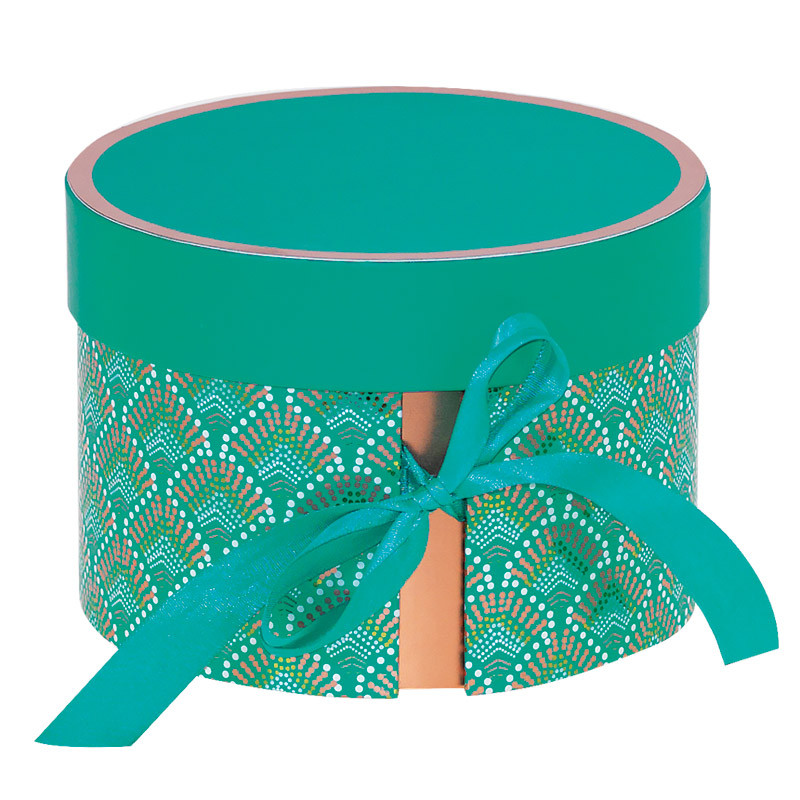 Boîte ronde Élisa 2 compartiments, Ruban vert, Packaging pour macarons