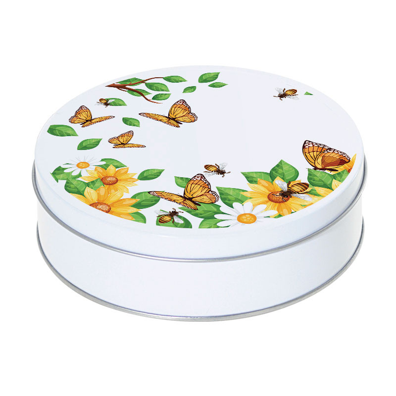 Boîte ronde métallique Caméléon C-21 - Motif fleurs et papillons