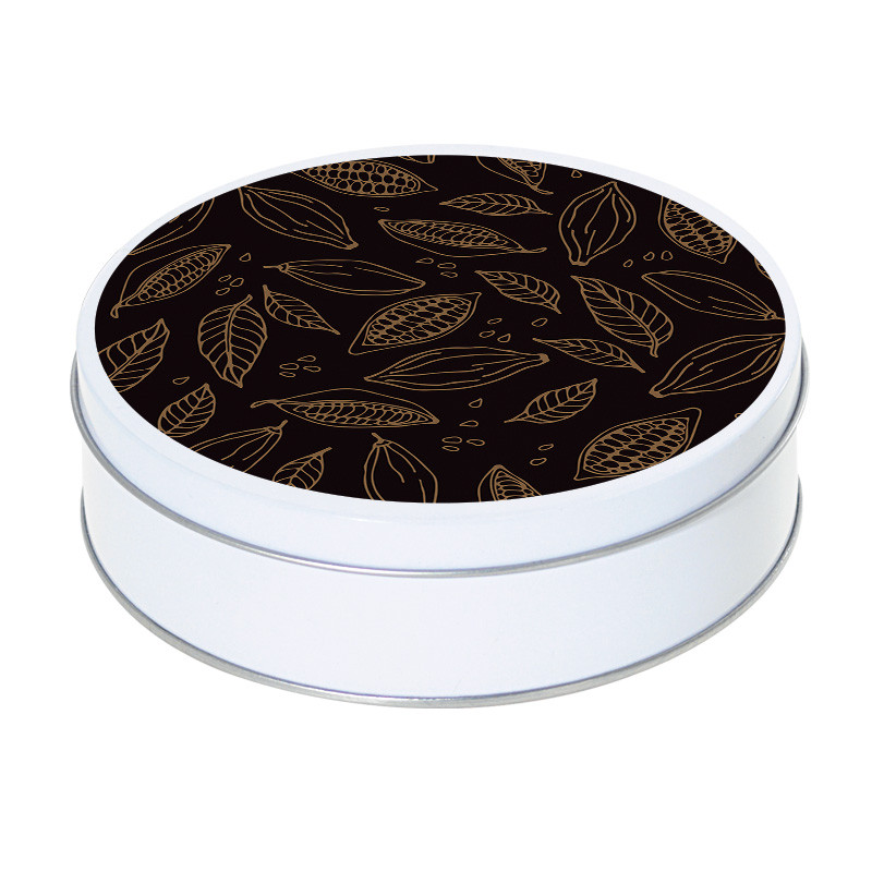 Boîte ronde métallique empilable Caméléon B-06 - Cabosse de cacao sur fond noir
