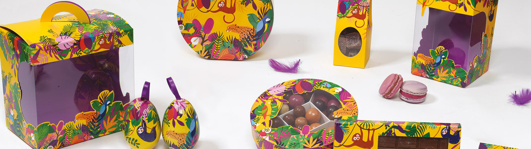 Collection "Exotique" 2026 emballages chocolat Pâques enfants colorés